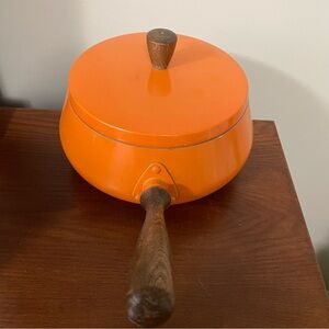 Vintage 60s MCM Orange Aluminum Sauce Pan Fondue Pot Wooden Handle